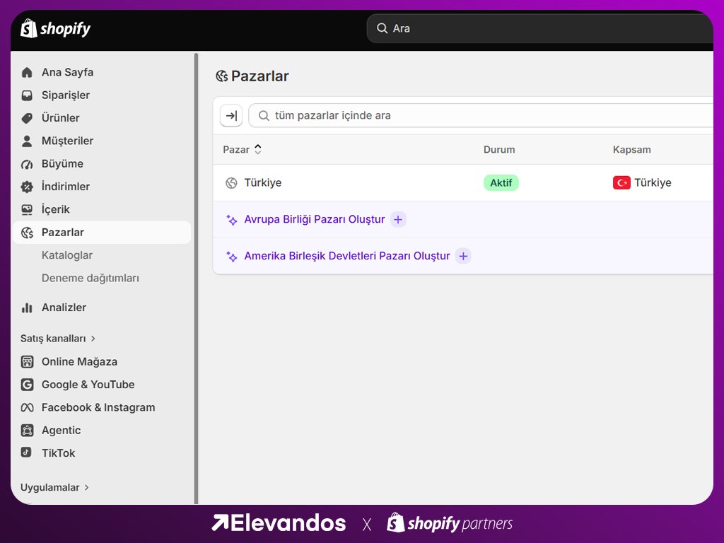 Shopify Pazarlar Ekranı